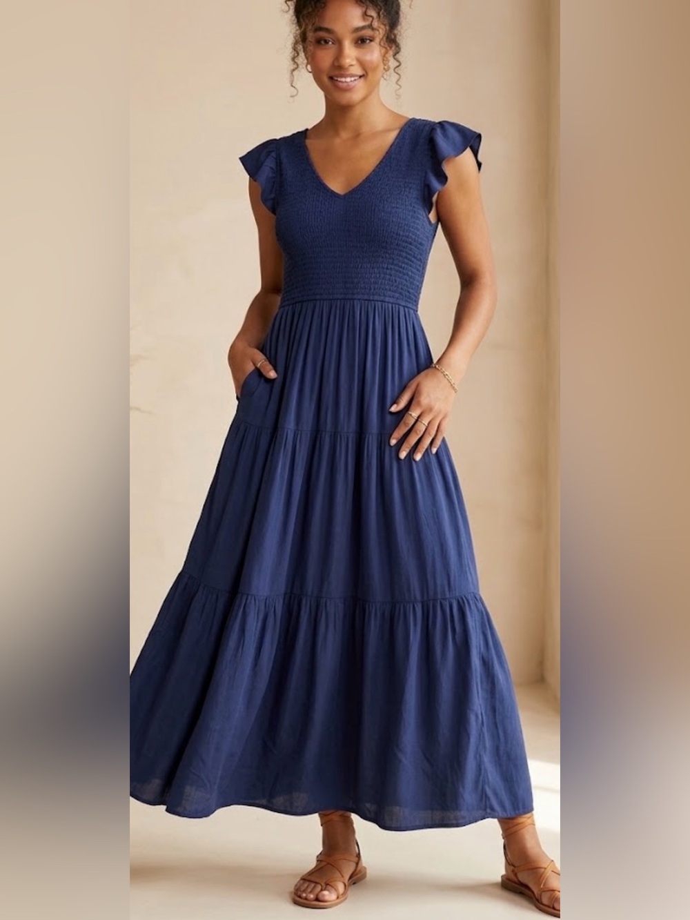 Smocked V-Neck Tiered Midi Dress in Navy